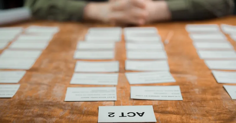 Close-up of storyboard cards arranged on a table for scriptwriting planning.