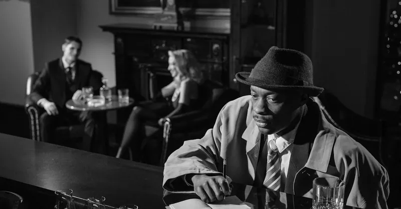 Noir-inspired scene with a detective taking notes in a dimly lit lounge, capturing suspense.