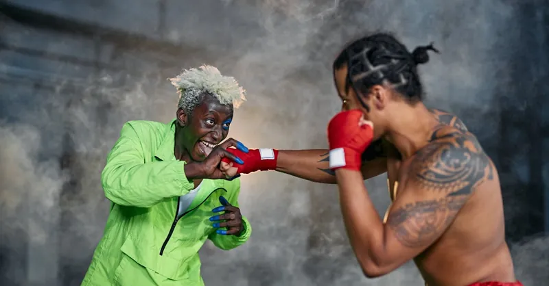 Intense moment of two cosplayers engaged in a dramatic fighting scene.