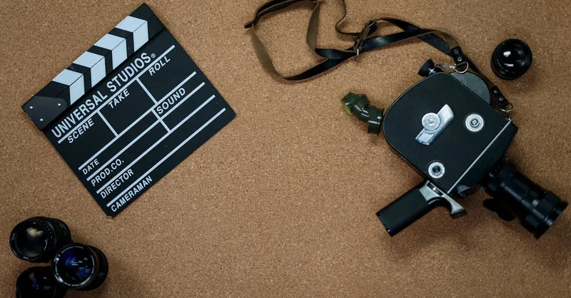 Vintage camera and clapboard on a cork board evoke a classic filmmaking vibe.