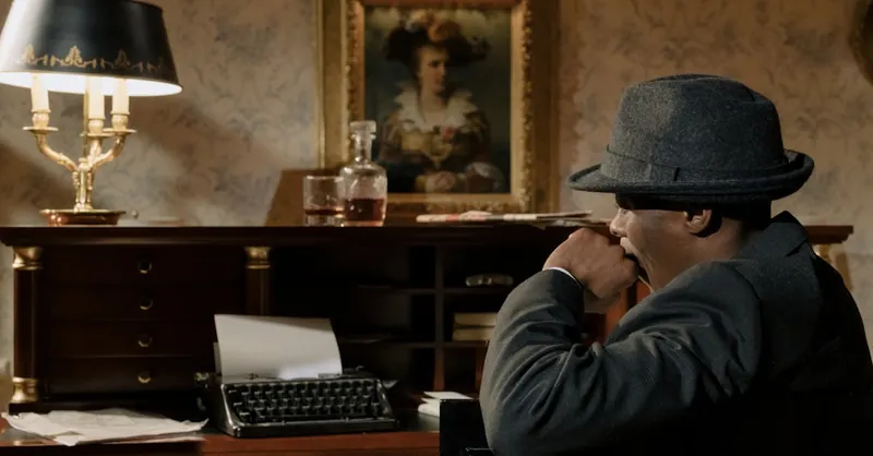 Cinematic portrayal of a detective in a vintage office, creating a mysterious and retro ambiance.