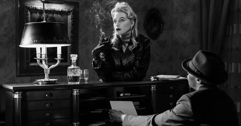 Vintage noir scene featuring a femme fatale and detective in classic setting, exuding mystery and allure.