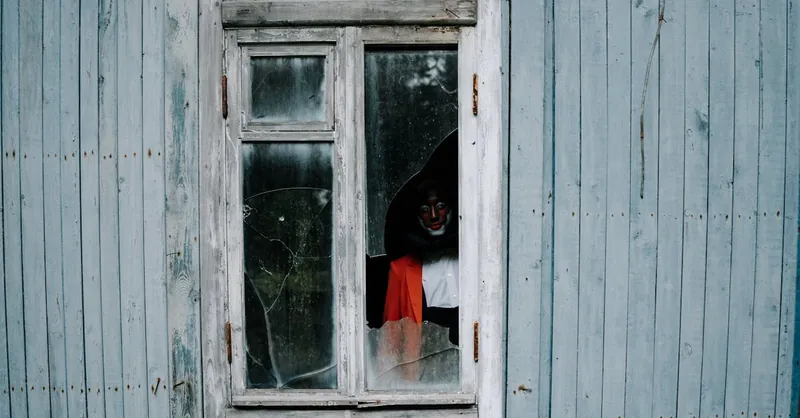 Eerie clown face lurking behind broken window of an old wooden house, creating a haunting atmosphere.