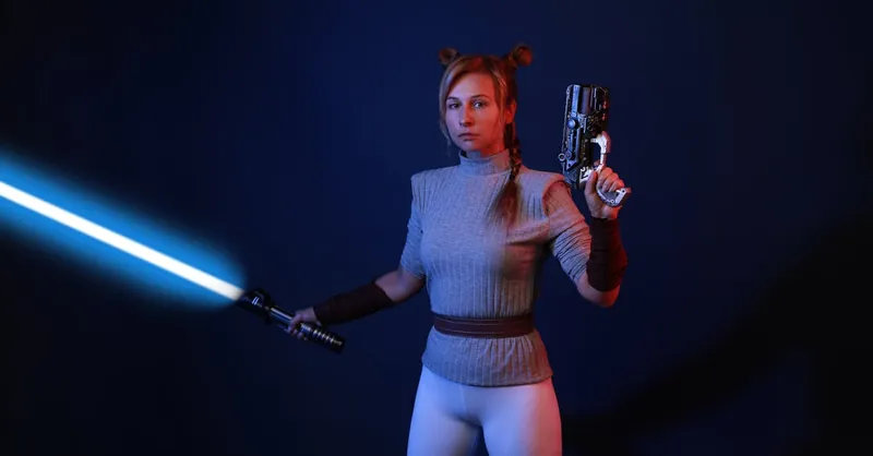 A woman dressed in sci-fi costume wields a lightsaber and blaster in a dramatic studio setting.