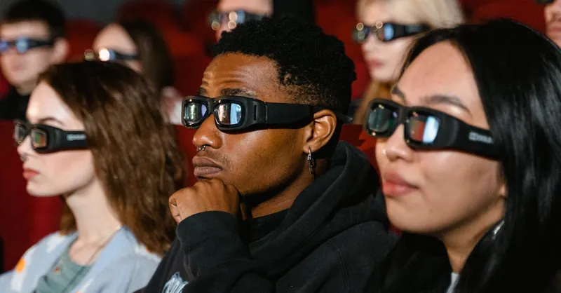 A diverse group of adults wearing 3D glasses are watching a movie in a cinema theater.