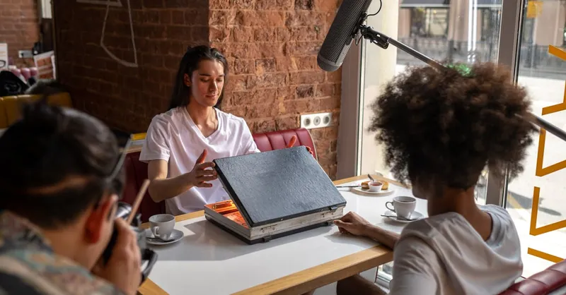 Casual film scene with three people in a cafe, recording with boom mic.