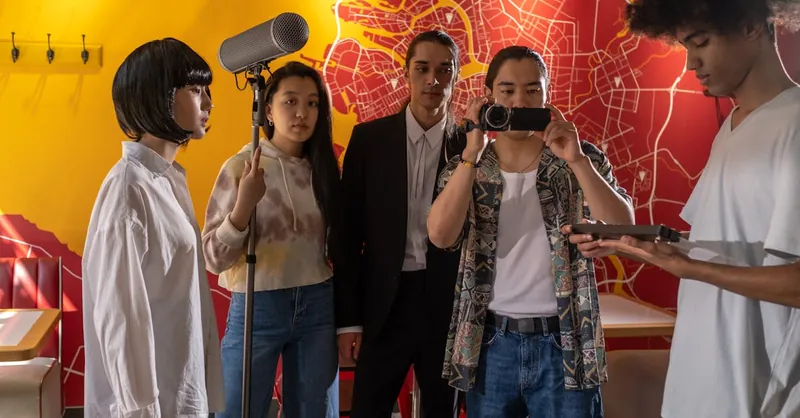 Film crew in action capturing an indoor movie scene with microphones and cameras, diverse cast.