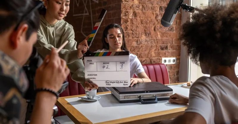 Engaging film crew capturing a scene indoors with diverse team and clapperboard.