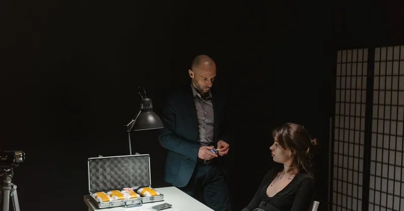 A tense interrogation scene featuring a detective questioning a suspect at a dimly lit table.