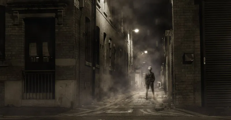 A lone figure in a foggy, dimly lit alley creates a mysterious noir atmosphere.