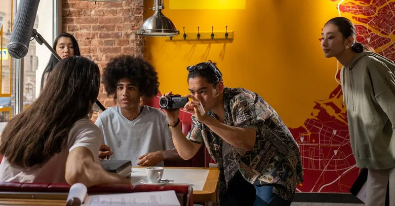 A diverse film crew preparing for a creative scene in a trendy urban café.