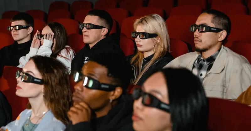 A diverse group of adults enjoy a 3D movie experience in a theater setting.