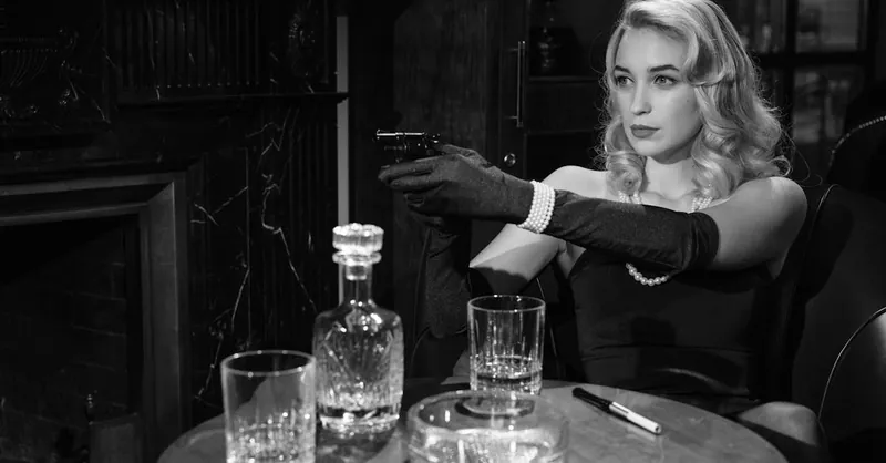 Elegant femme fatale holding a handgun, creating a vintage noir atmosphere indoors.